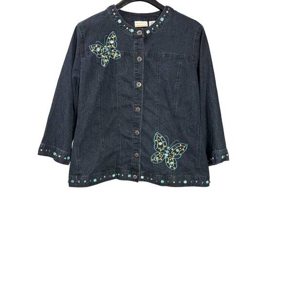 Alfred Dunner Women Denim Jacket Beaded Embroidered Butterflies Button Front 20W - Picture 3 of 5
